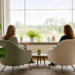 Coachgesprek in twee stoelen bij het raam