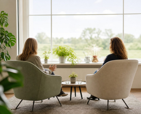 Coachgesprek in twee stoelen bij het raam