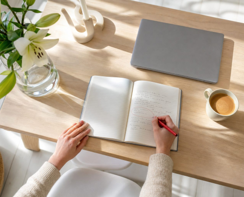 Bureau met een notitieboek waarin één prioriteit rood omcirkeld is