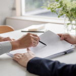 Twee mensen nemen een verkoopcontract door