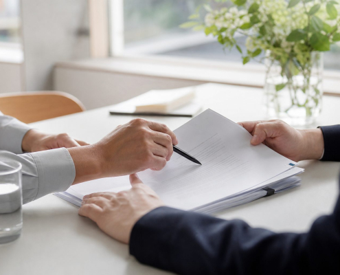 Twee mensen nemen een verkoopcontract door