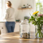 Pot met munten naast een bosje bloemen