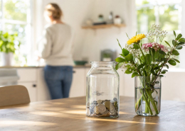 Pot met munten naast een bosje bloemen