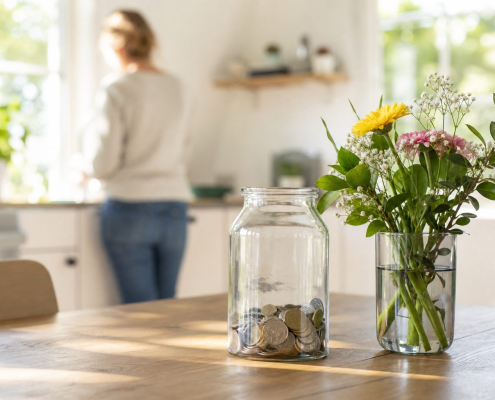 Pot met munten naast een bosje bloemen