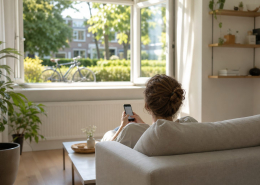 Iemand op de bank met een telefoon, buiten schijnt de zon