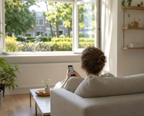 Iemand op de bank met een telefoon, buiten schijnt de zon