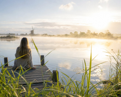 Rustig meer met een steiger bij zonsopkomst