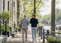 Oudere en jongere ondernemer in gesprek tijdens een wandeling
