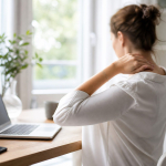 Iemand met gespannen schouders achter een laptop
