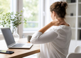 Iemand met gespannen schouders achter een laptop