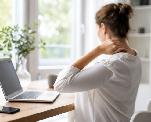 Iemand met gespannen schouders achter een laptop