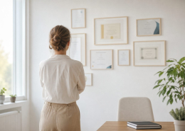 Iemand kijkt naar een wand met certificaten