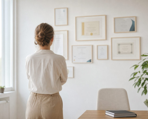 Iemand kijkt naar een wand met certificaten